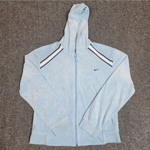 Vintage Y2K Nike Velour Zip Up Hoodie Women’s M Light Blue Stripe Track Jacket